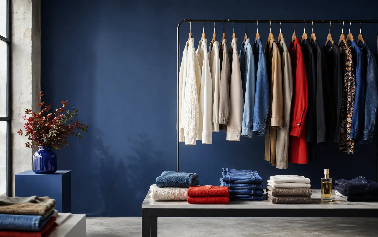 An editorial clothing rail with folded knitwear and denim